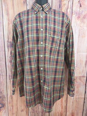 Orvis Mens Brown Plaid Button-Down Shirt Large